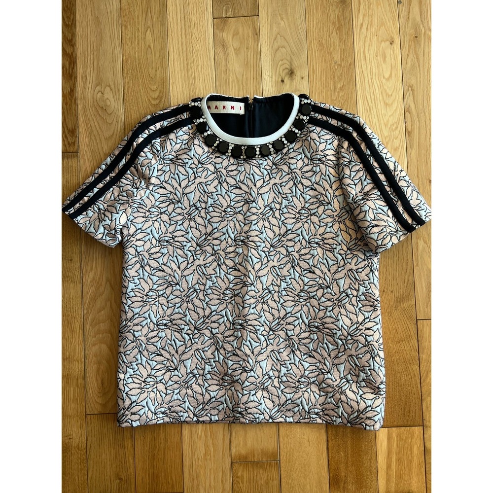 MARNI Floral Jacquard Knit Short Sleeve Top Glass Stone Collar Womens 40 or US 4